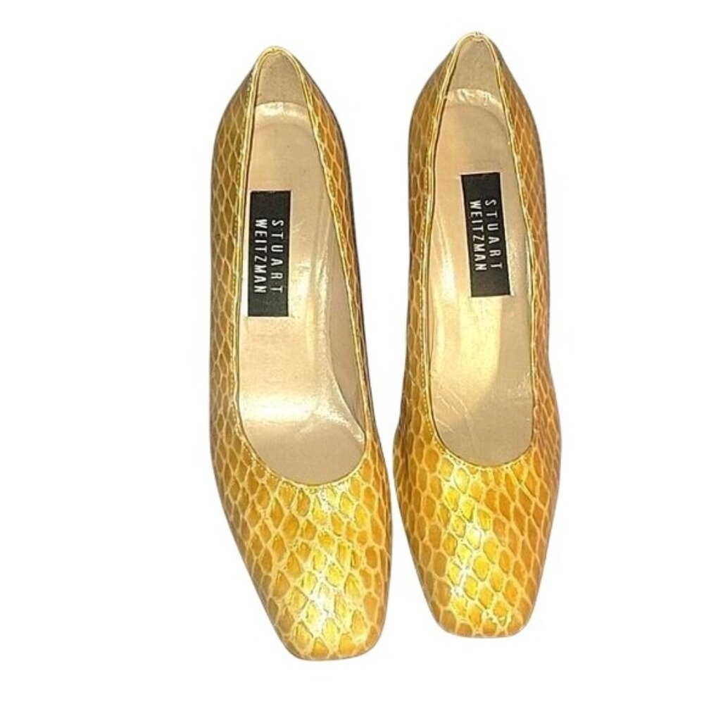 Stuart Weitzman Yellow Snakeskin Embossed Leather Square Toe Block Heels Size 9B